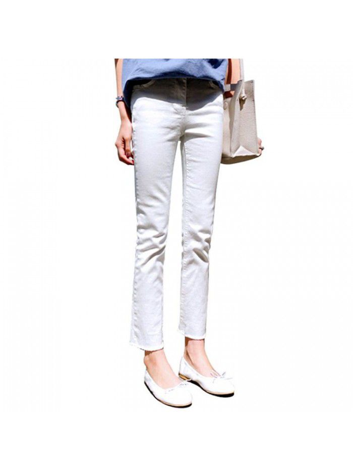 White Straight Jeans Women's lace Capris  spring chic Korean stretch slim high waist Capris 