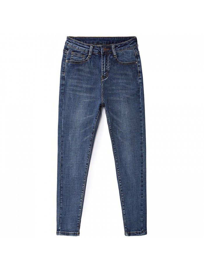 Light blue jeans women's nine quarter spring and autumn high waist slim slim little man gray eight quarter tight legged pants 