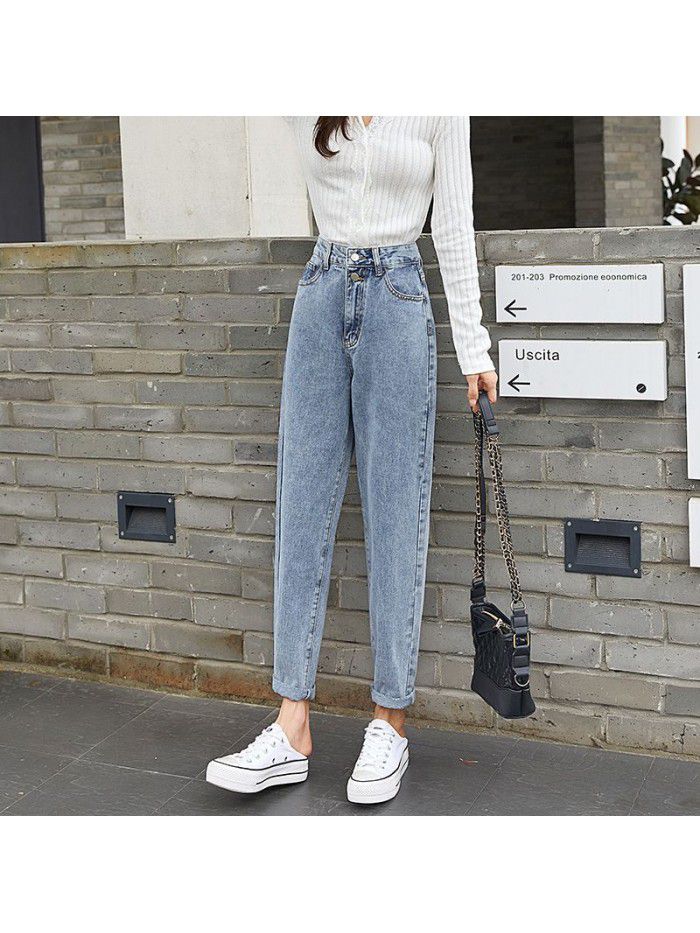 autumn jeans Harlan cross pants women's pants double button high waist loose jeans women's pants 