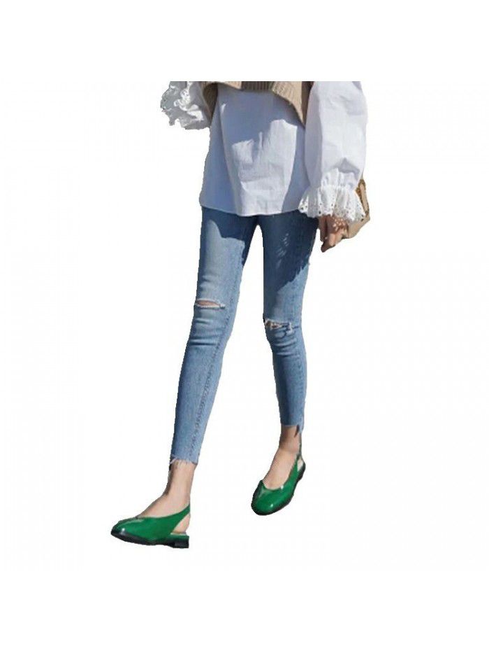 Light color ragged jeans women's nine point beggar pants high waist elastic tight show thin eight point small foot pencil pants fashion 