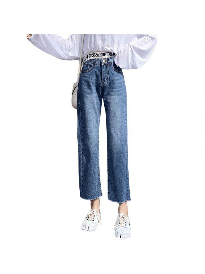  spring and Autumn New Korean high waist jeans women's Capris show thin straight tube loose wide leg pants 