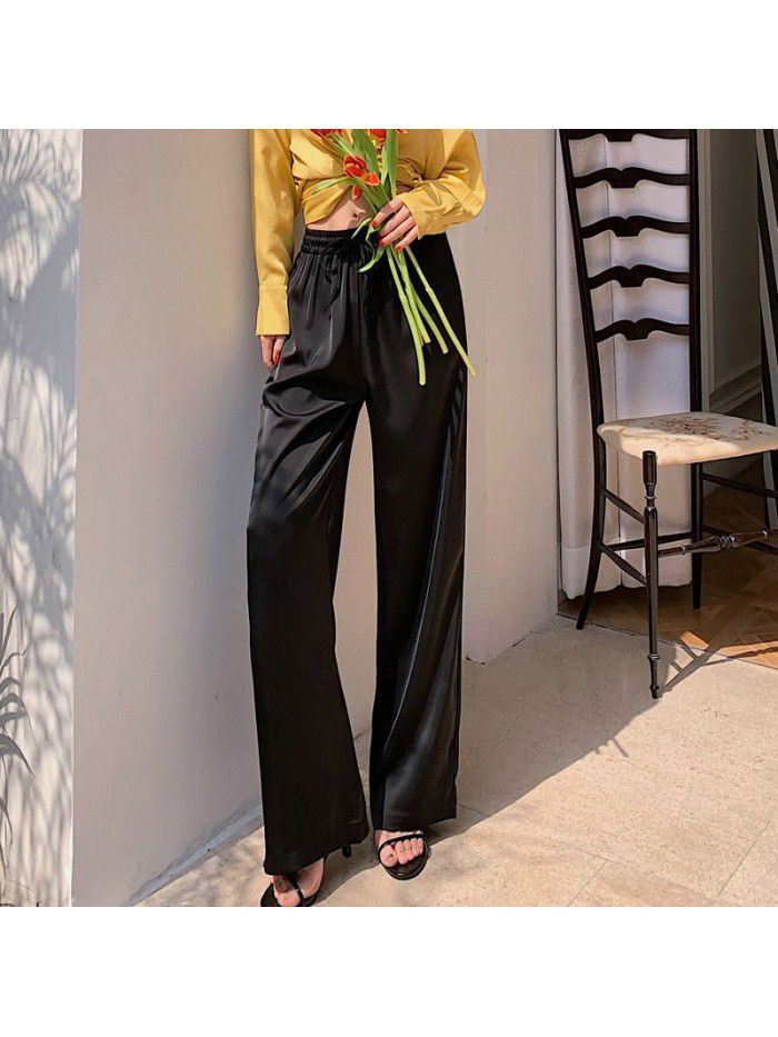  new cloud pants Satin summer lace up loose casual pants straight tube pearl yarn drop feeling wide leg pants 