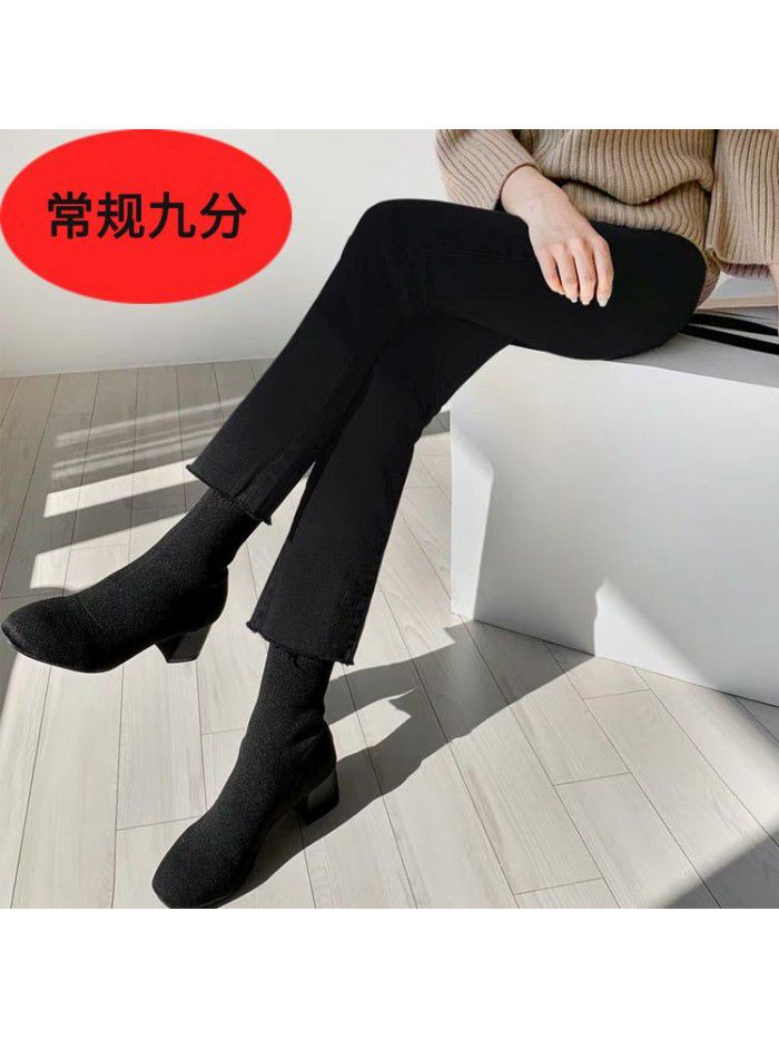 Grey jeans women's high waist spring and autumn new slim stretch 89% loose slim straight pipe pants 