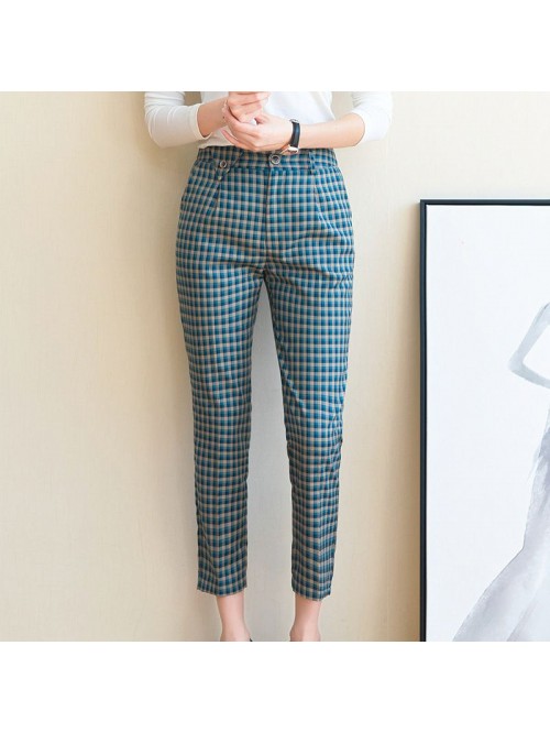 Green Plaid 9-point suit pants women's drape ...