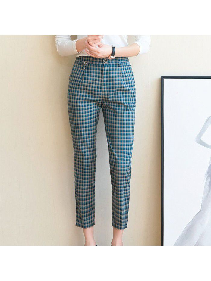 Green Plaid 9-point suit pants women's drape feeling 