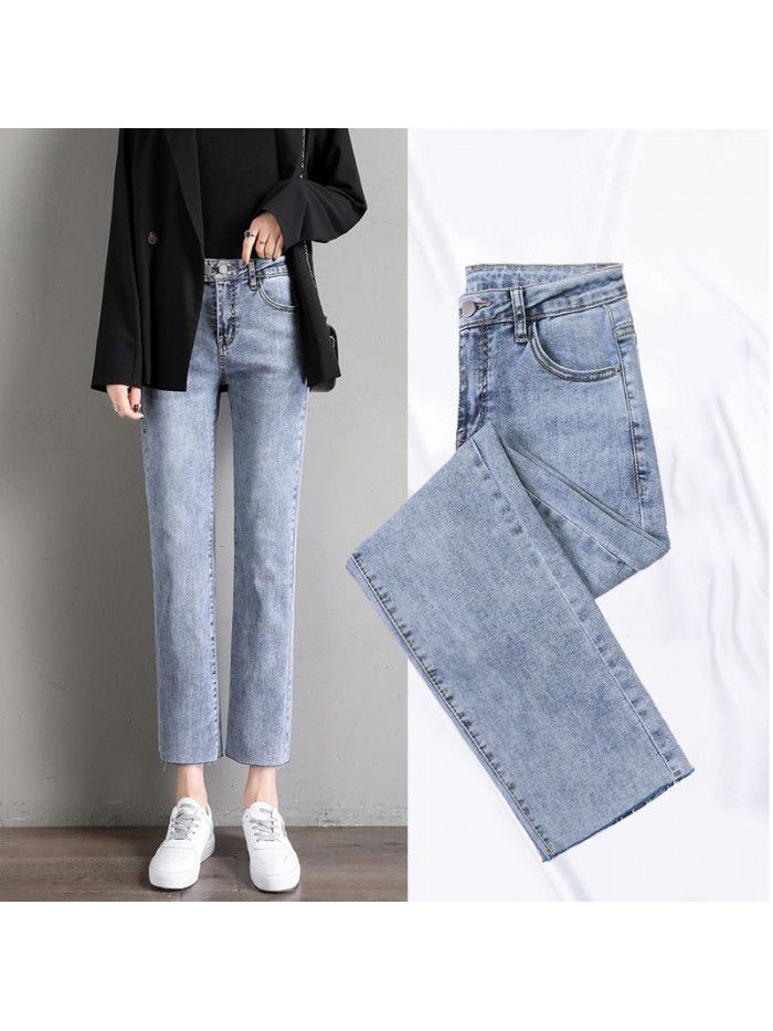 Jeans women's  spring and summer new high waist Korean version show thin show high student loose fashion nine point straight pants 
