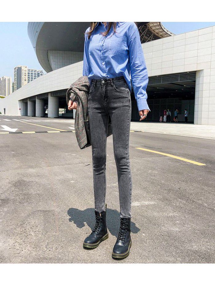 High waisted jeans women's grey small foot 8-point slim autumn  new Korean slim stretch 9-point pants 