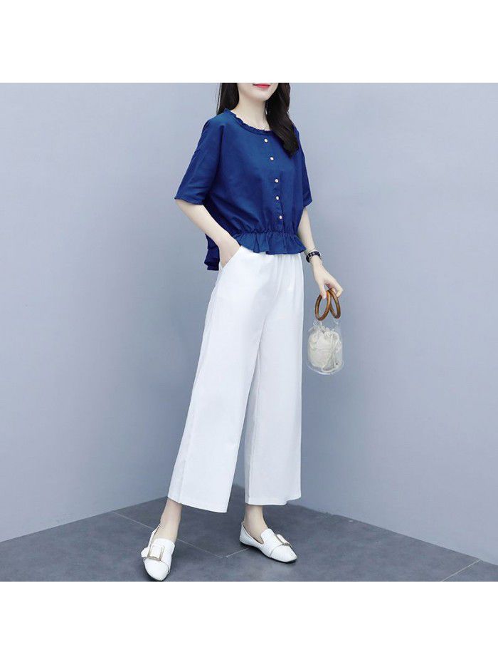 Cotton linen suit women's two piece suit  new summer loose bat sleeve casual versatile foreign style linen wide leg pants 