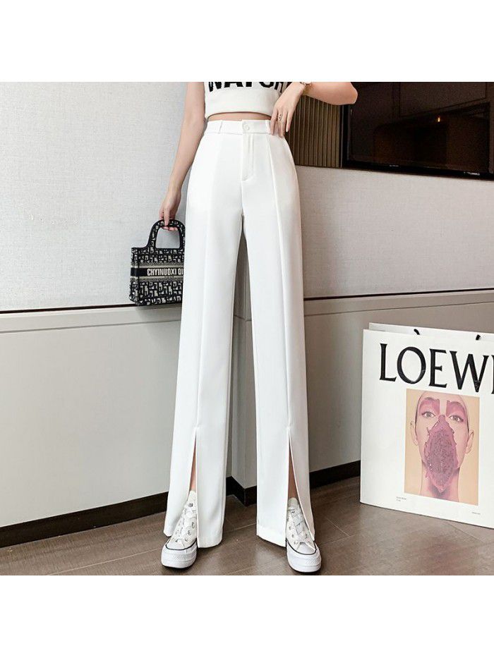 Real photo split straight pants suit women's high waist pants new slim casual wide leg pants in spring and summer 
