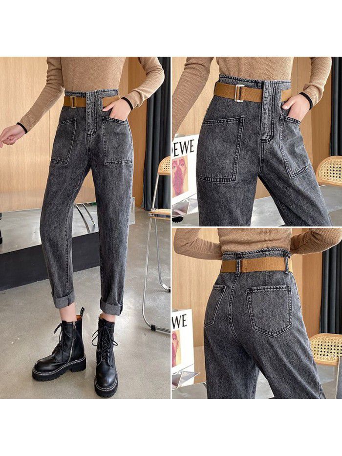 Real shot 6606 Europe  Autumn New Retro simple high waist casual radish Korean denim pants 