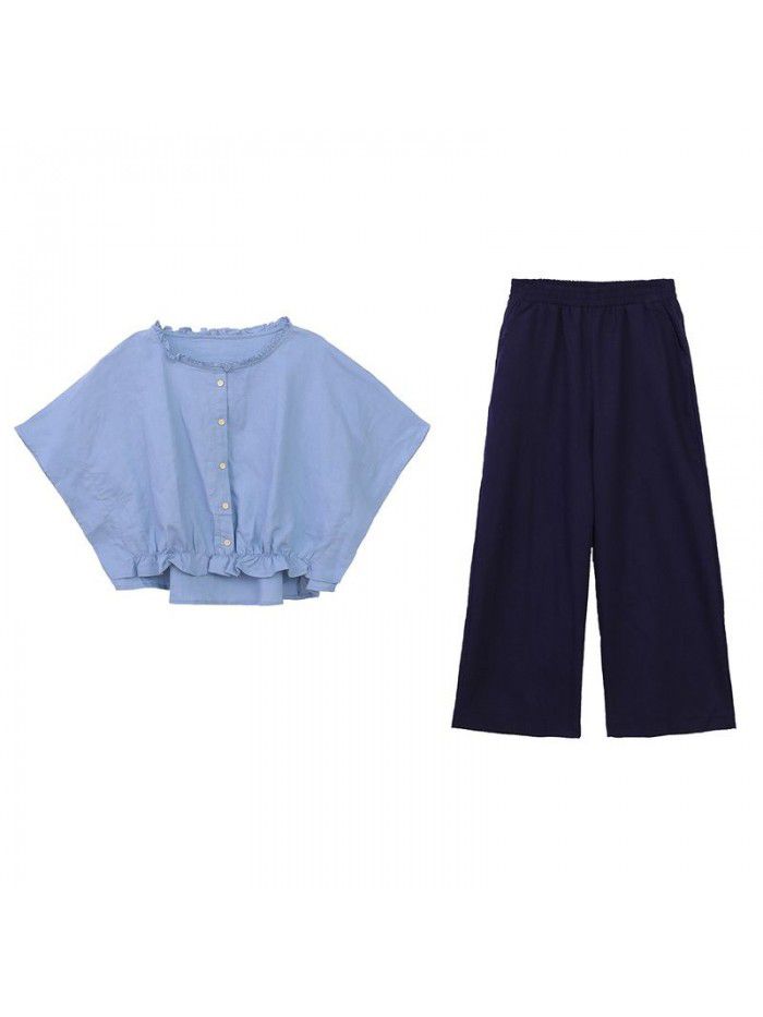 Cotton linen suit women's two piece suit  new summer loose bat sleeve casual versatile foreign style linen wide leg pants 