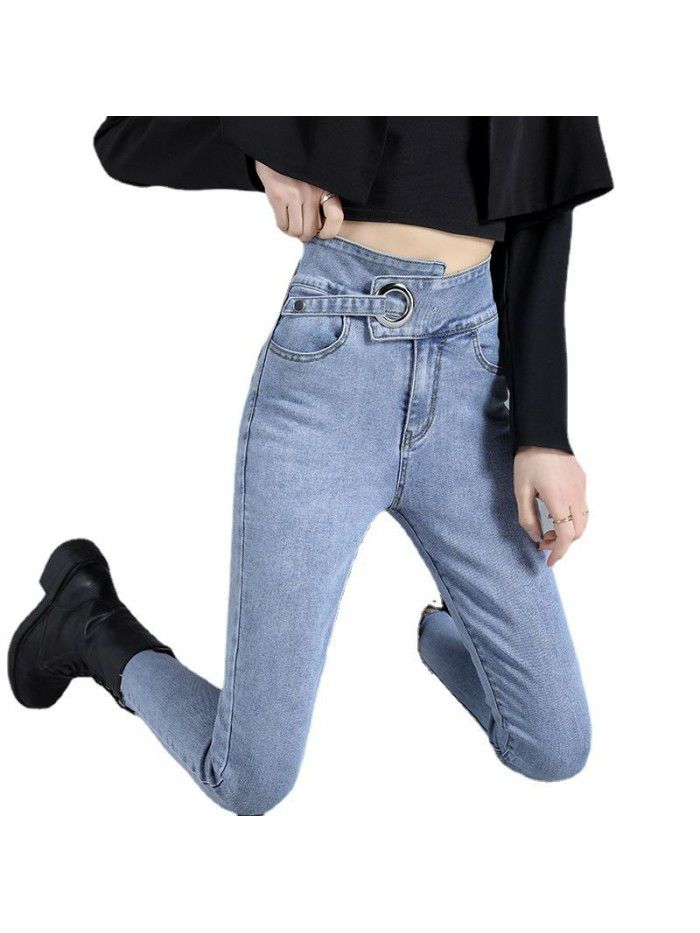Real shot high waist jeans women's new light color slim slim high elastic tight legged pencil pants in spring 