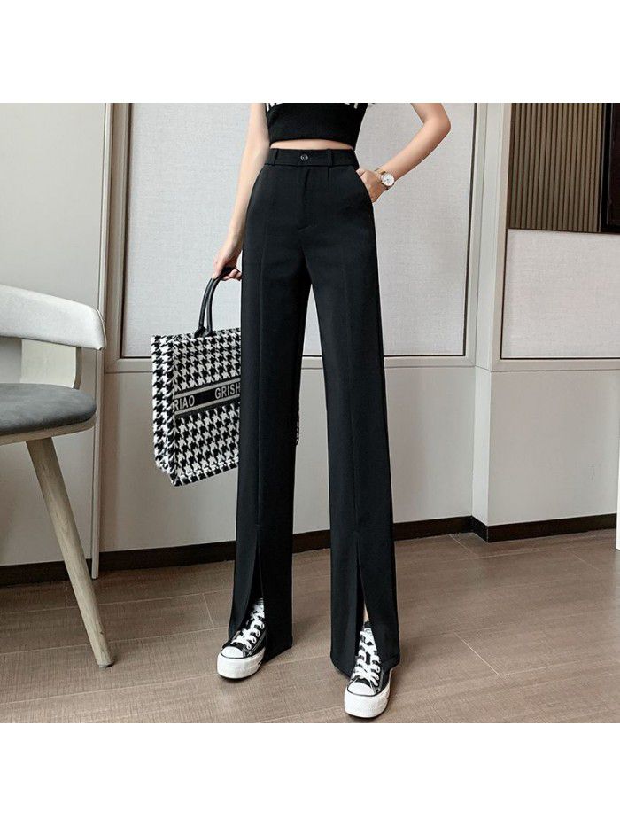 Real photo split straight pants suit women's high waist pants new slim casual wide leg pants in spring and summer 
