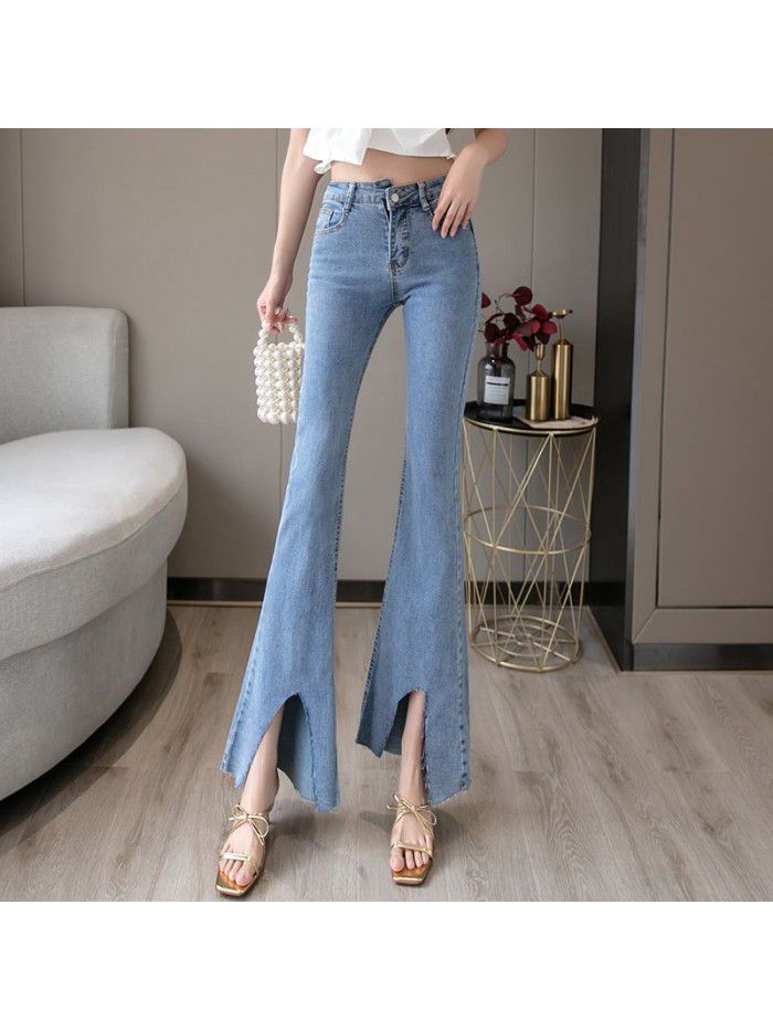 High quality cotton flared pants spring summer  new high waist high irregular burr Korean jeans 