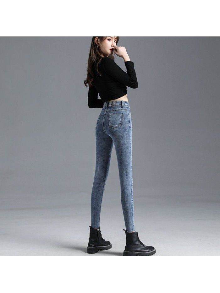Real shot high waist jeans women's new spring slim stretch tight nine point small foot pencil pants women 