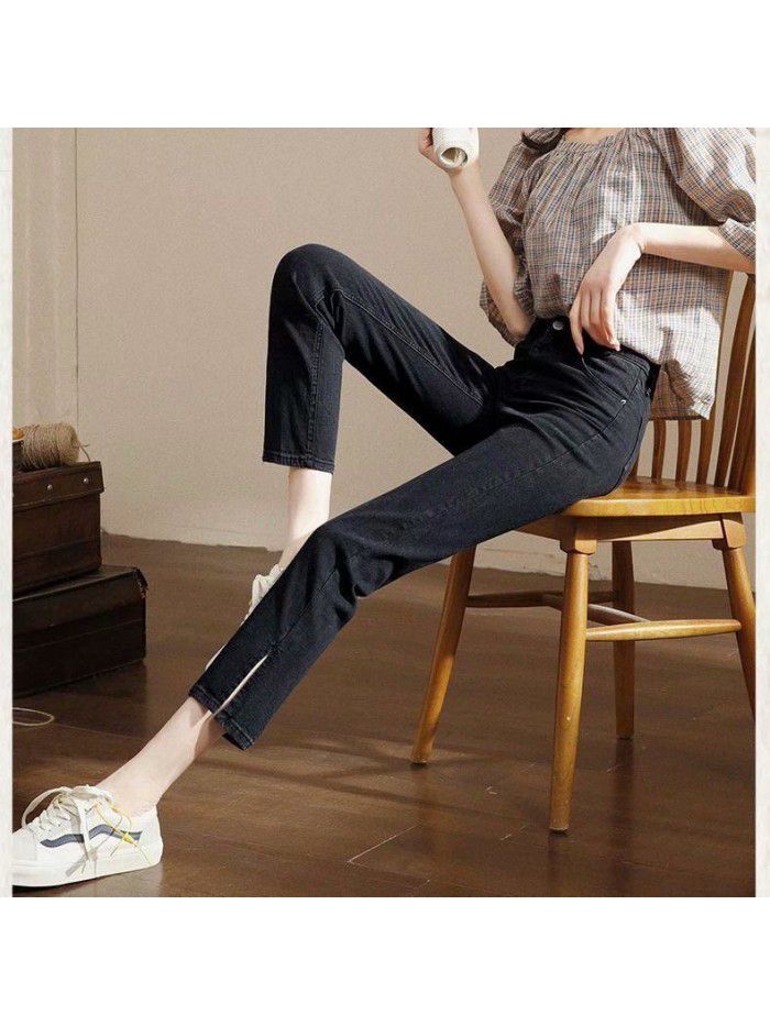  spring split jeans women's high waist SLIM STRAIGHT pants student's small quarter jeans 