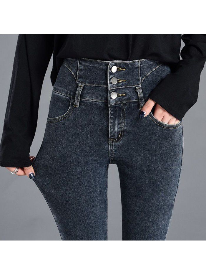 Autumn and winter  high waist jeans women's new Korean breasted elastic net red thin slim Leggings 