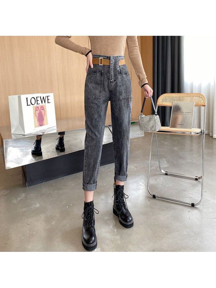 Real shot 6606 Europe  Autumn New Retro simple high waist casual radish Korean denim pants 
