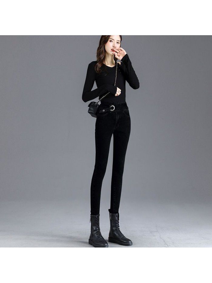 Real shot high waist jeans women's new light color slim slim high elastic tight legged pencil pants in spring 