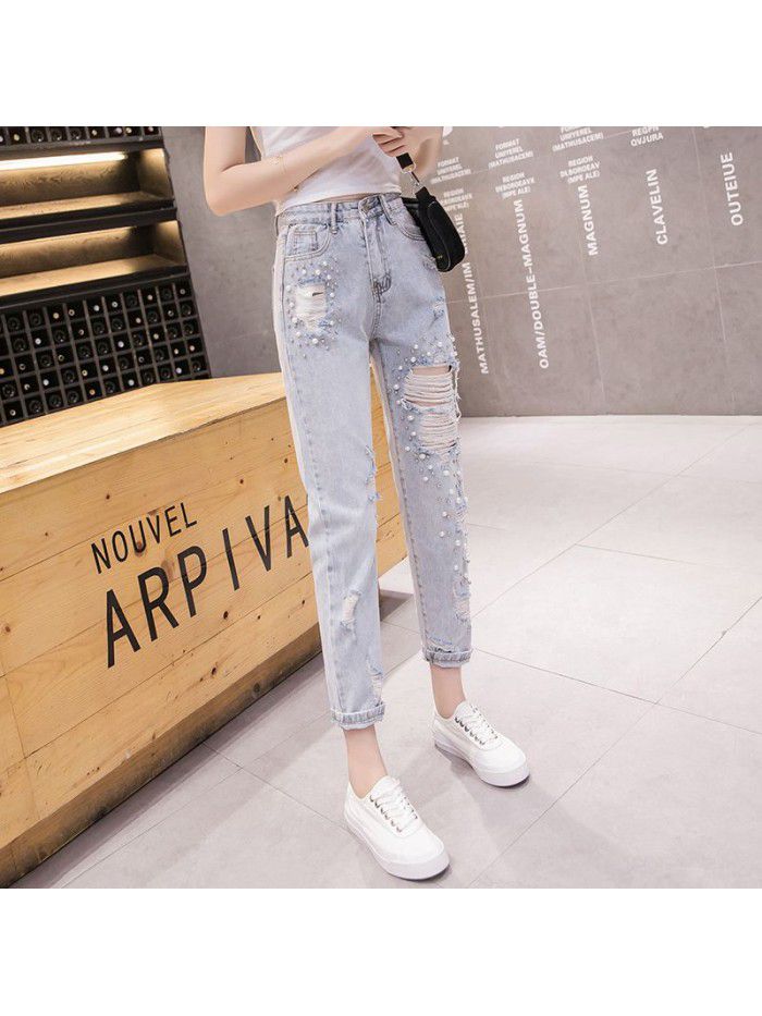 Ins nail bead rotten big hole jeans women's summer light loose baggy pants high waist slim Capris 