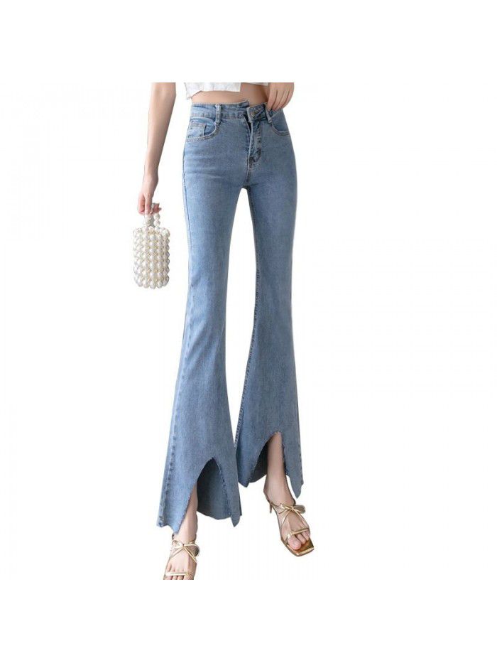High quality cotton flared pants spring summer  new high waist high irregular burr Korean jeans 