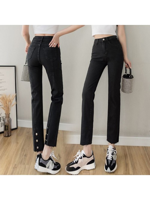 Back split black high waist small leg jeans for wo...