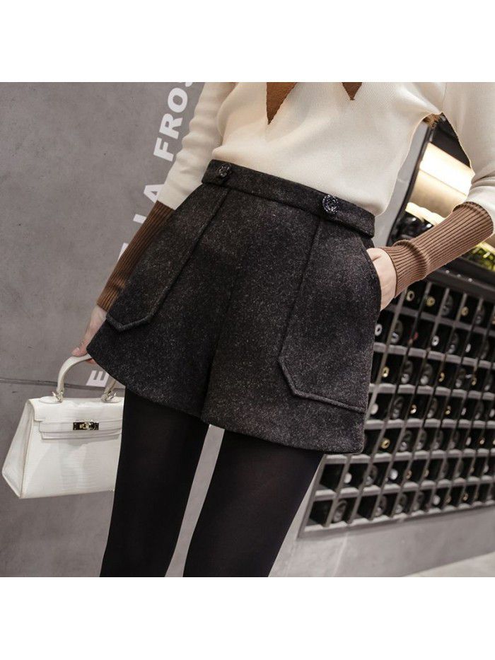 Women's tweed shorts autumn winter  new Korean version slim loose A-line wide leg pants with thickened woollen boots 