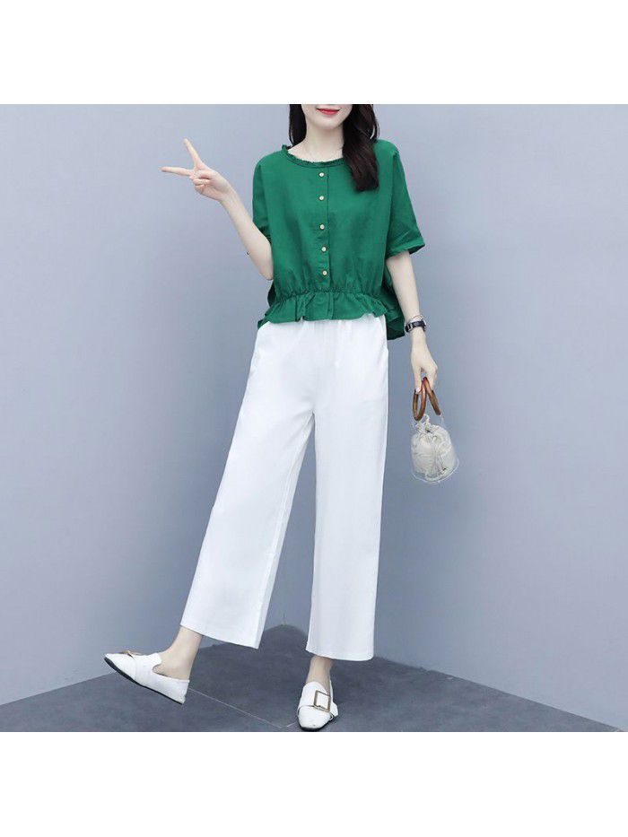 Cotton linen suit women's two piece suit  new summer loose bat sleeve casual versatile foreign style linen wide leg pants 