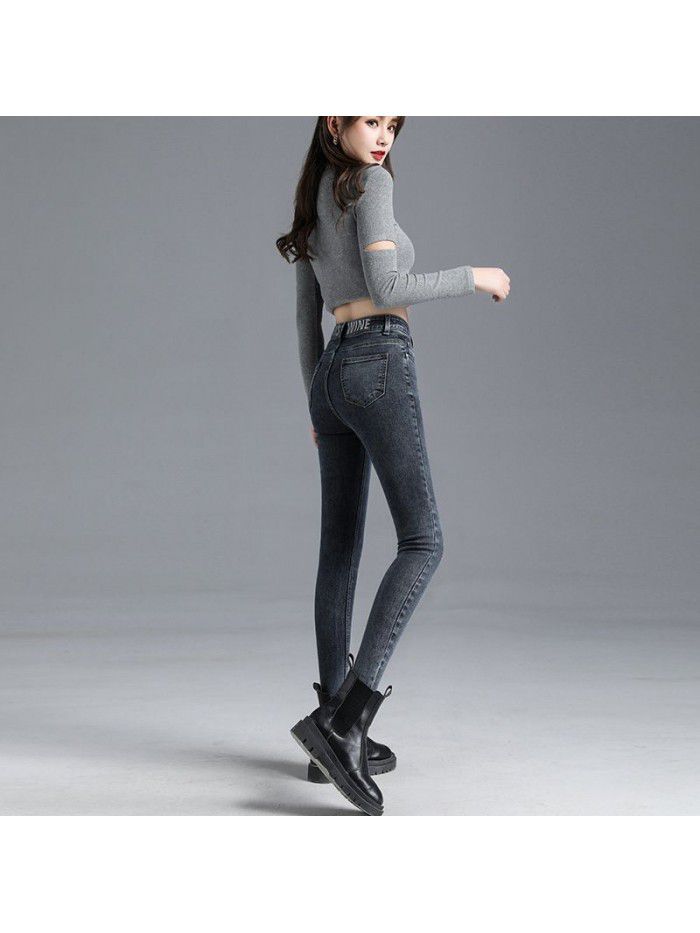 Real shot high waist jeans women's new spring slim stretch tight nine point small foot pencil pants women 