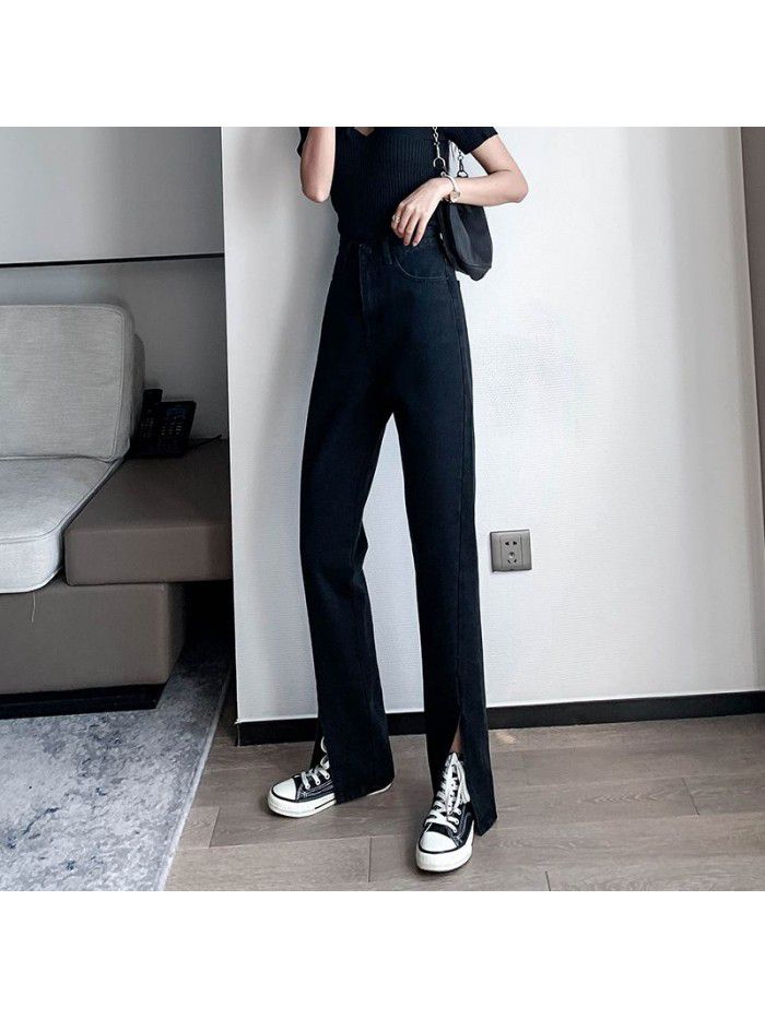 Real shot high waist slightly flared jeans women's wide leg straight tube versatile bifurcated flared pants 