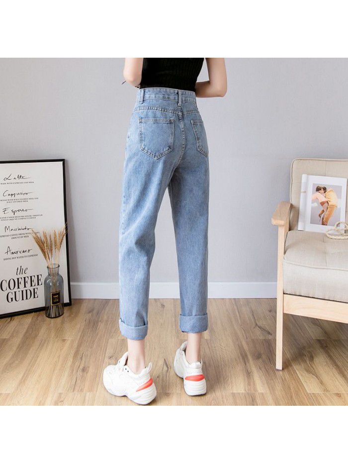 High waisted jeans women's summer  spring and autumn new Harem Pants loose hole pants straight Capris 