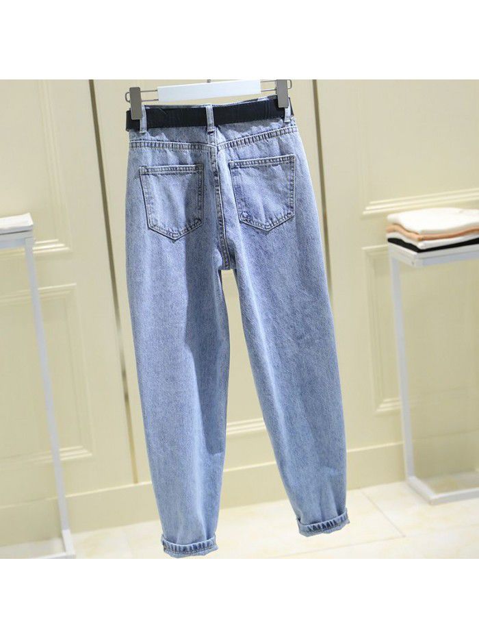  new smoke grey Harlan jeans women's Korean version loose and thin student high waist nine point daddy radish pants 