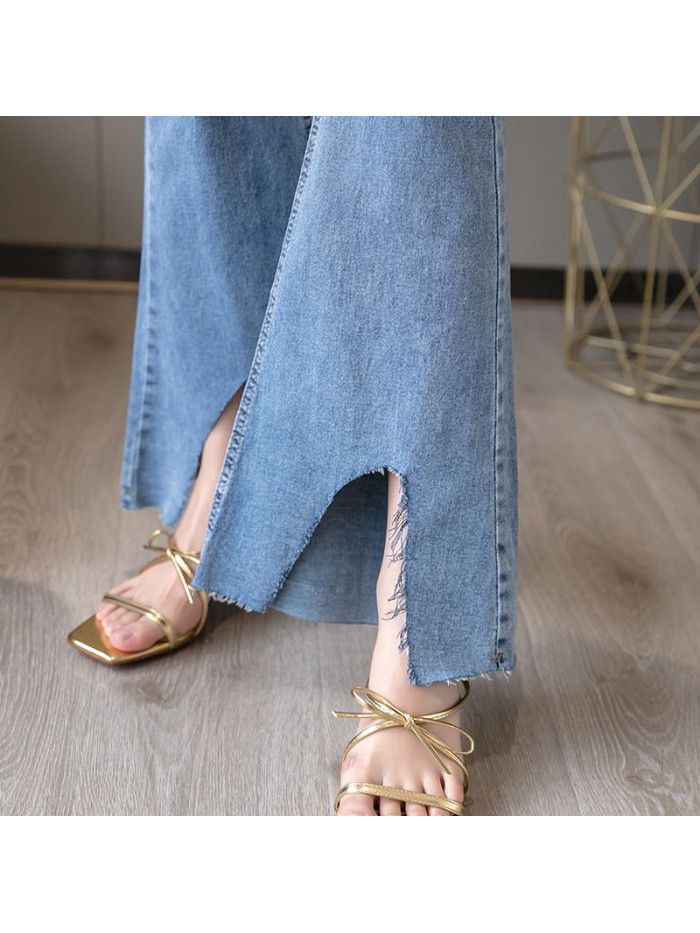 High quality cotton flared pants spring summer  new high waist high irregular burr Korean jeans 