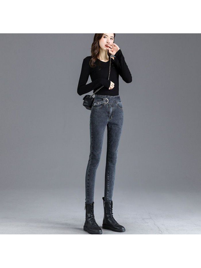 Real shot high waist jeans women's new light color slim slim high elastic tight legged pencil pants in spring 