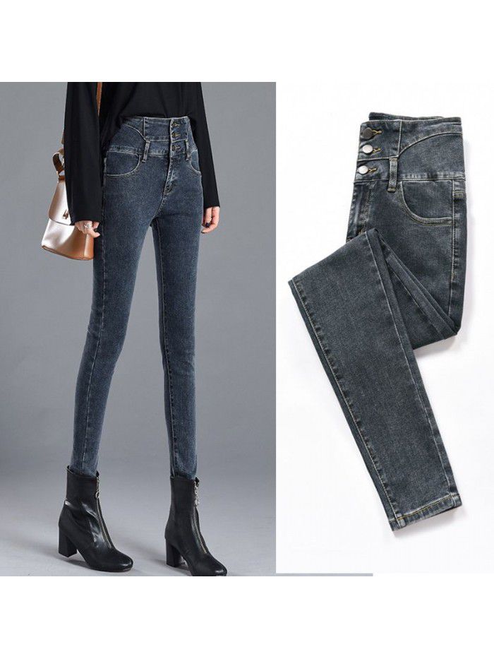 Autumn and winter  high waist jeans women's new Korean breasted elastic net red thin slim Leggings 