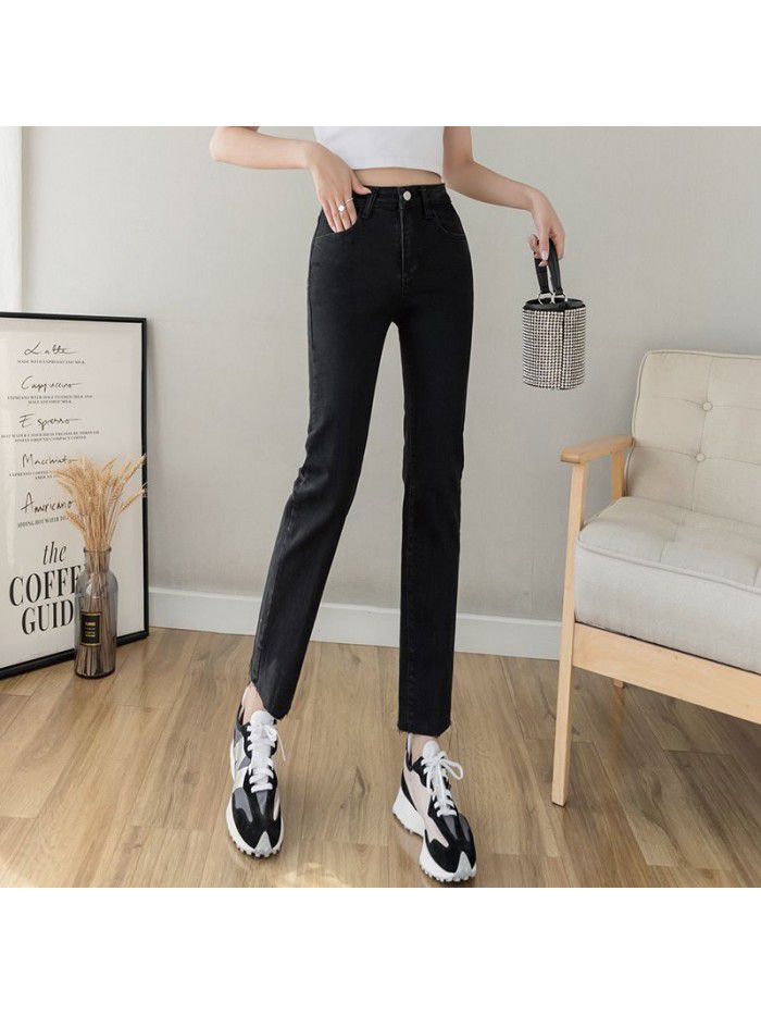 Back split black high waist small leg jeans for women 