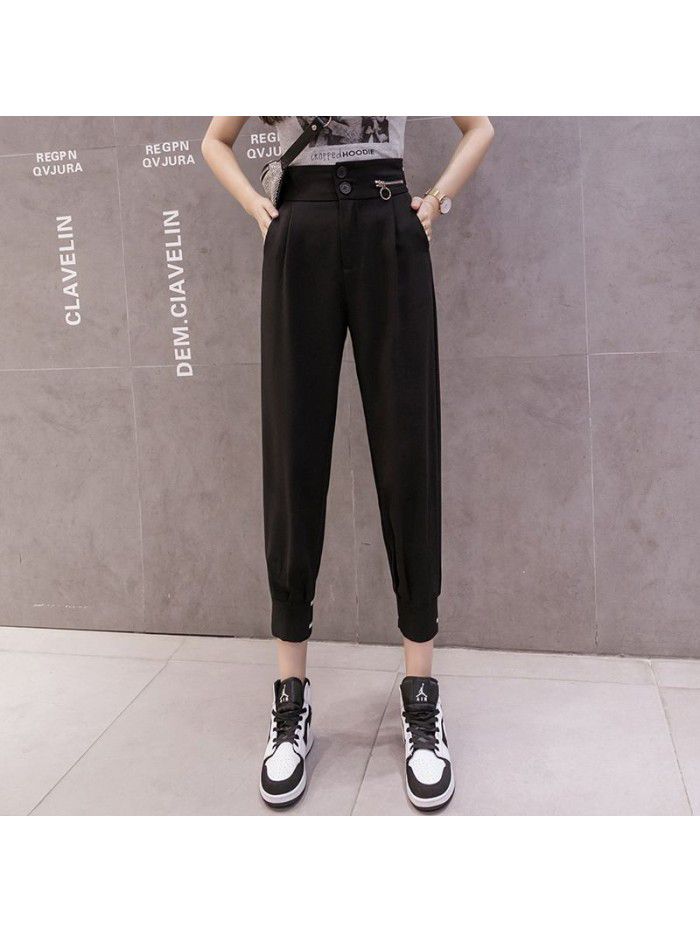 new summer small women's breasted casual pants suit Capris high waist slim cool Harem Pants 