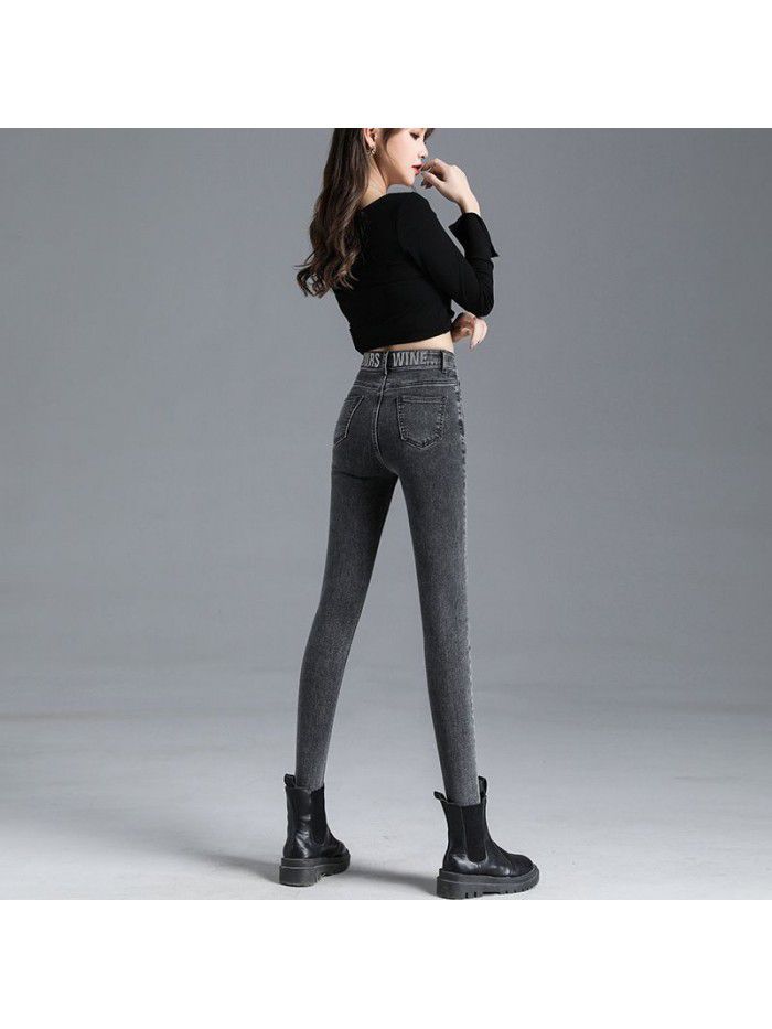 Real shot high waist jeans women's new spring slim stretch tight nine point small foot pencil pants women 