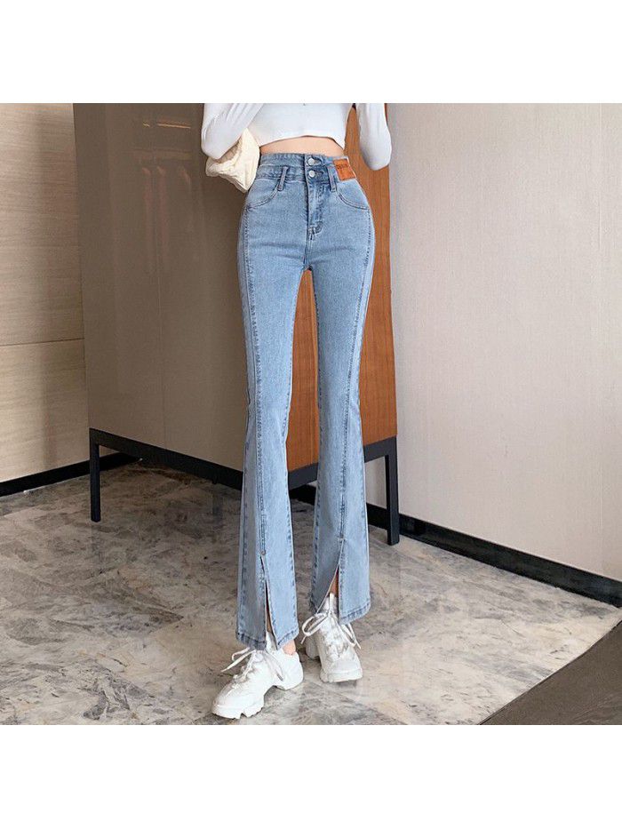 Real photo  new micro split jeans women's loose slim slim split horn pants 