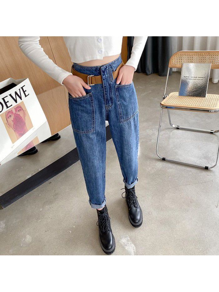 Real shot 6606 Europe  Autumn New Retro simple high waist casual radish Korean denim pants 