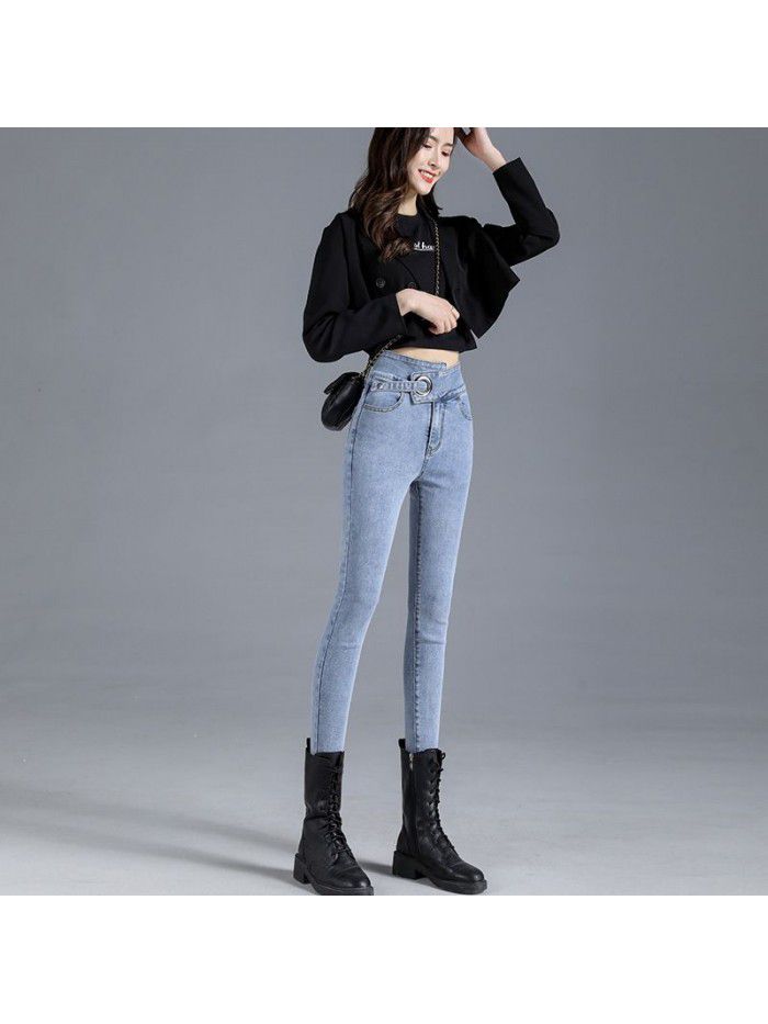 Real shot high waist jeans women's new light color slim slim high elastic tight legged pencil pants in spring 