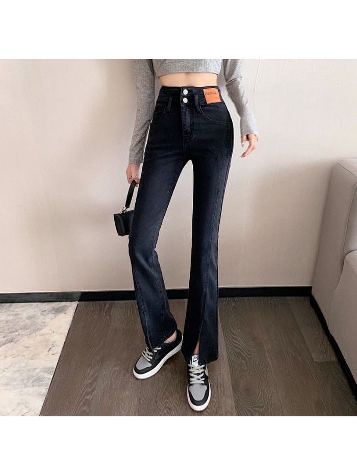 Real photo  new micro split jeans women's loose slim slim split horn pants 
