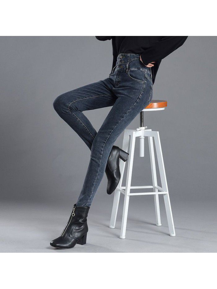 Autumn and winter  high waist jeans women's new Korean breasted elastic net red thin slim Leggings 