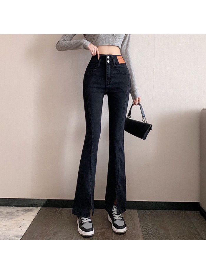 Real photo  new micro split jeans women's loose slim slim split horn pants 