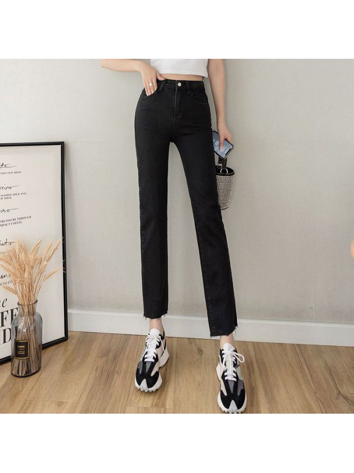Back split black high waist small leg jeans for women 
