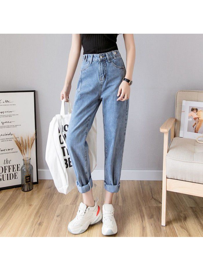 High waisted jeans women's summer  spring and autumn new Harem Pants loose hole pants straight Capris 