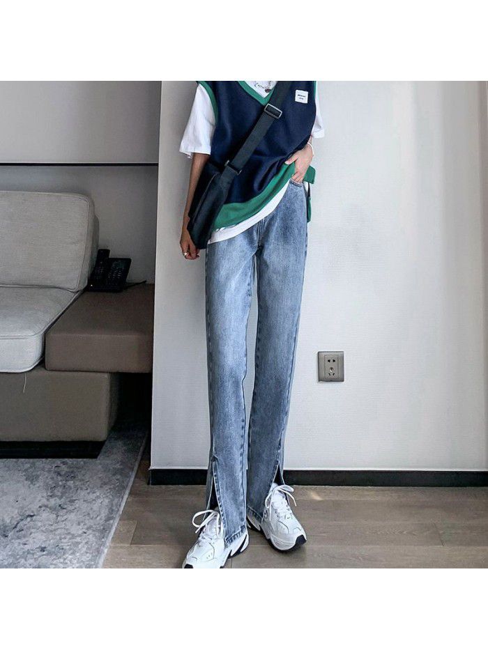 Real shot high waist slightly flared jeans women's wide leg straight tube versatile bifurcated flared pants 
