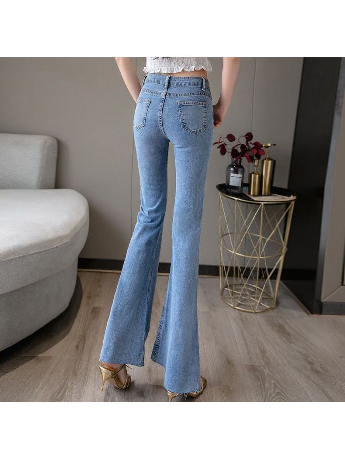 High quality cotton flared pants spring summer  new high waist high irregular burr Korean jeans 
