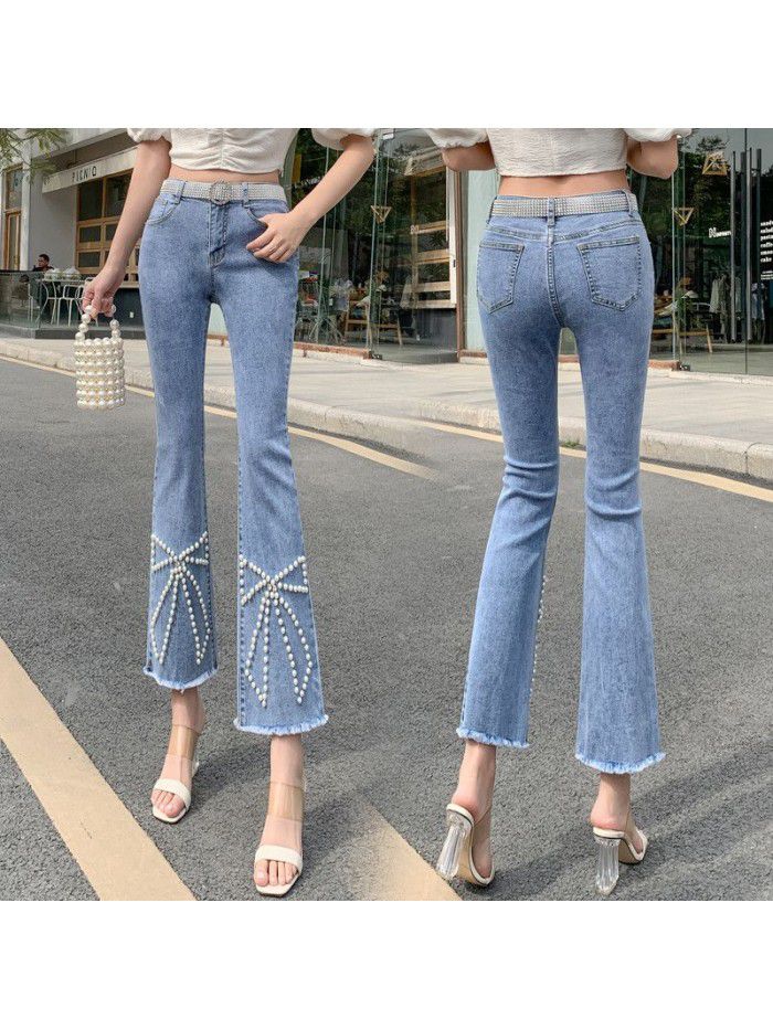  spring new heavy industry Beaded jeans women's nine point flared pants high waist elastic thin woolen hem wide leg pants 