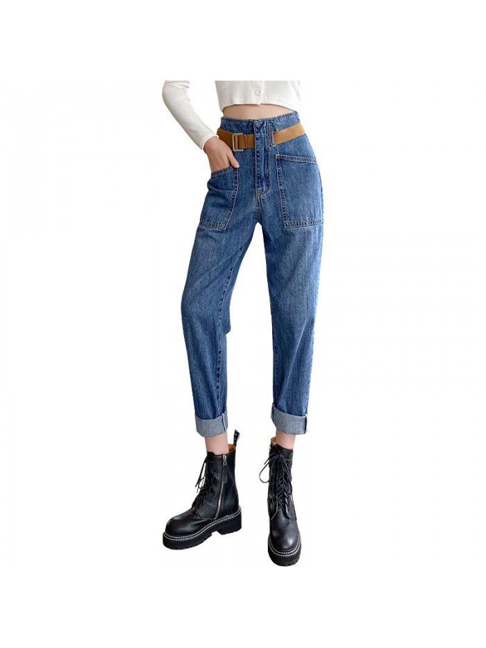Real shot 6606 Europe  Autumn New Retro simple high waist casual radish Korean denim pants 